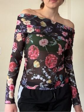 Floral Off-Shoulder Mesh Top - Black with Pink Floral